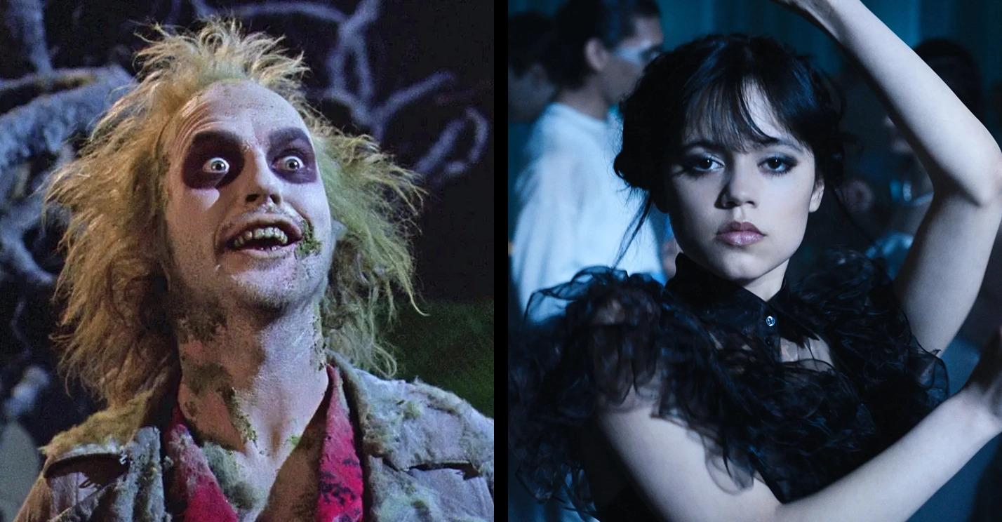 Michael Keaton as Betelgeuse and Jenna Ortega as Astrid Deetz in Beetlejuice Beetlejuice. Photo courtesy of Warners Bros.